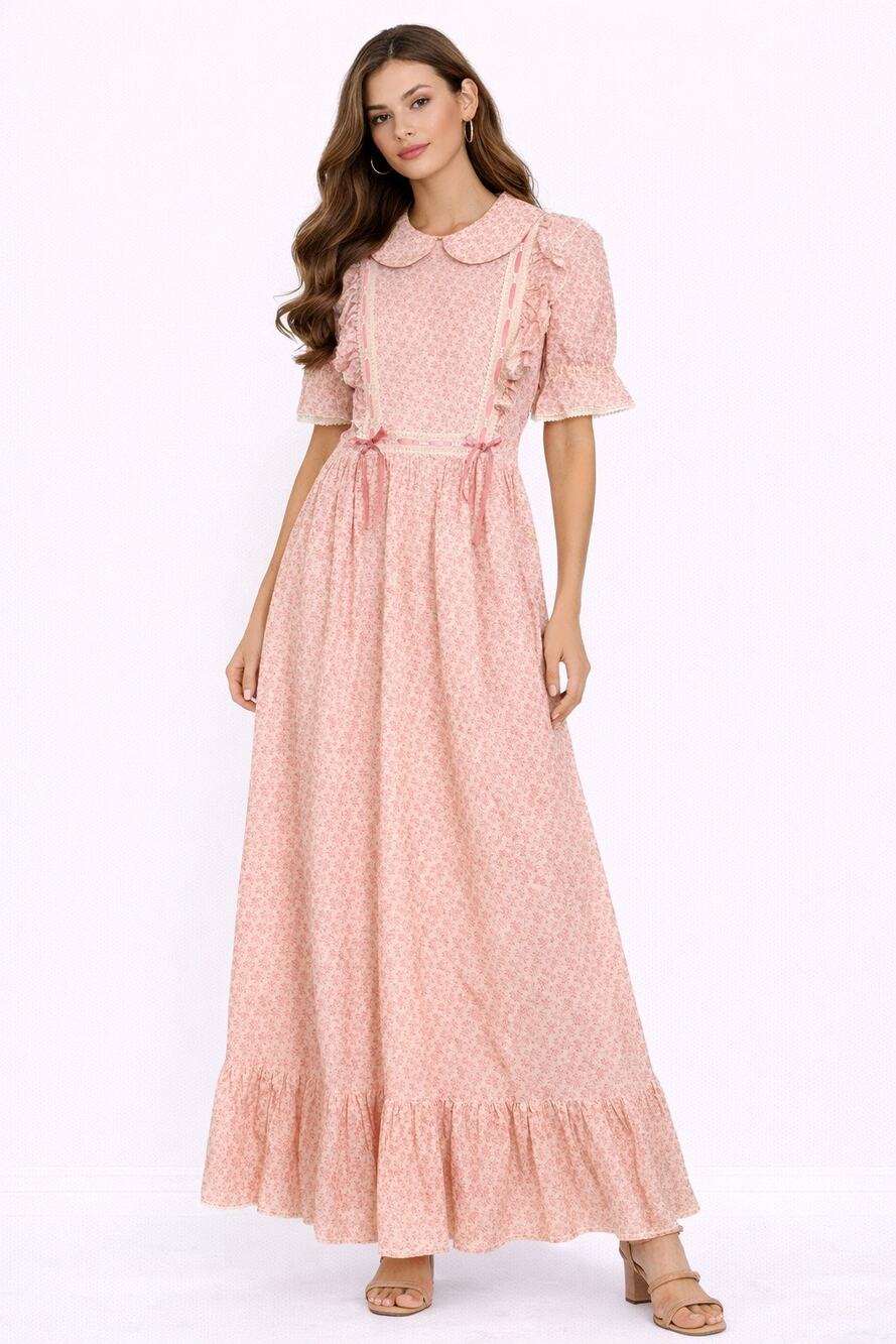 Vintage 1970s Prairie Maxi Dress Pink Floral Ruffle Ribbon Tie XS